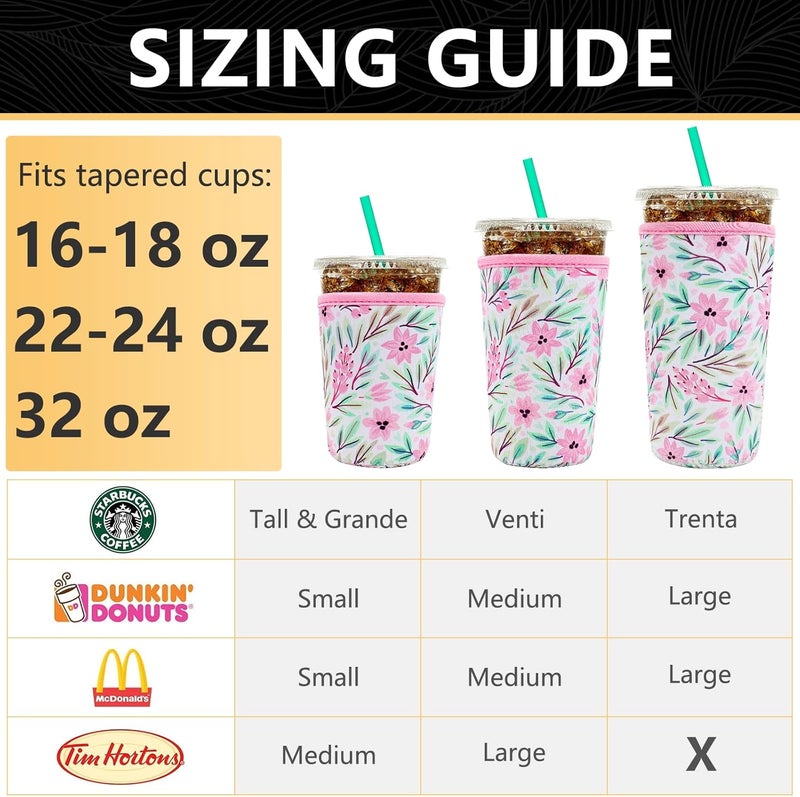YR Reusable Neoprene Insulator Sleeve for Iced Coffee Cups, 3 Pack Coffee Coolies sleeves for Iced & Hot Drinks, Cold Beverage Cooler Compatible with Starbucks Coffee and More (Pink Flower) - Image 2
